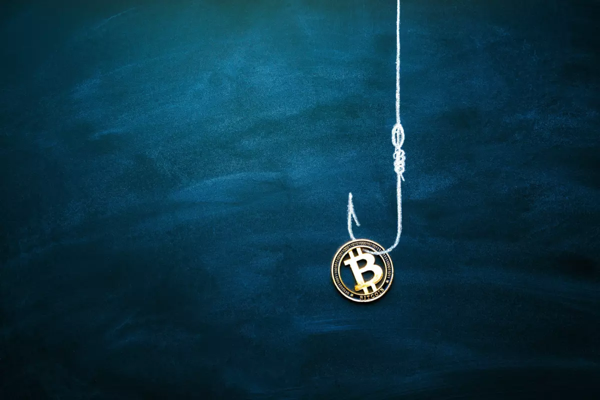 Bitcoin on a fishing line to symbolize phishing scams